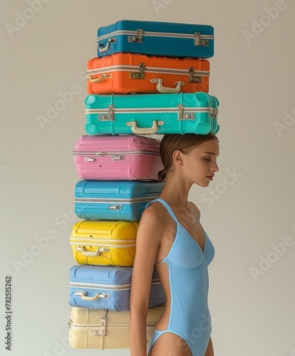 profile picture of blonde woman in blue swimming suit holding a pile of pastel-colored suitcases on her head and back. Funny surreal summer holidays concept