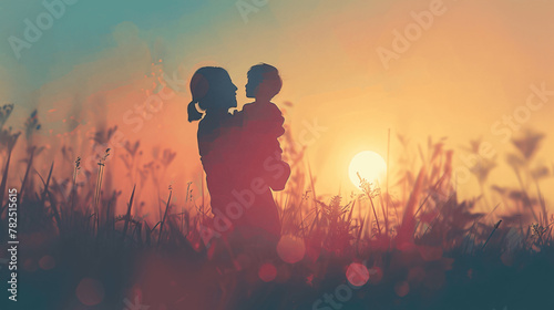 A digital illustration of a happy grandmother holding a child in her arms, silhouetted against a soft, pastel sunset background, evoking warmth and family love. Created Using: detailed silhouette, smo