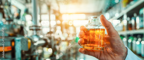 Hand holding amber-colored liquid in a flask, highlighted against a modern laboratory backdrop, epitomizing scientific discovery and chemical research. Banner. Copy space