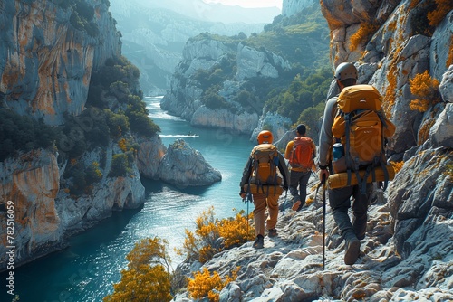 Three hikers with backpacks on coastal cliff, admiring water below