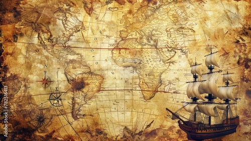 old map of the world with all the continents and a large ship sailing in high resolution