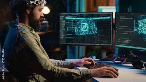 Canvas Print IT admin coding and using EEG headset to upload brain into computer, gaining immortality