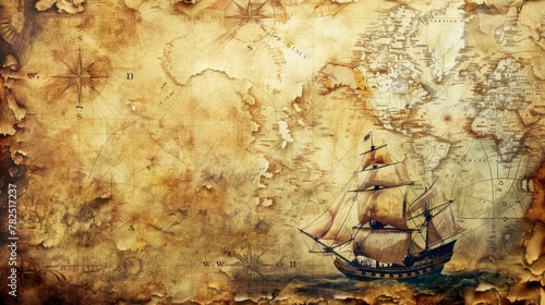 old map of the world with all the continents and a large ship sailing in high resolution and high quality HD