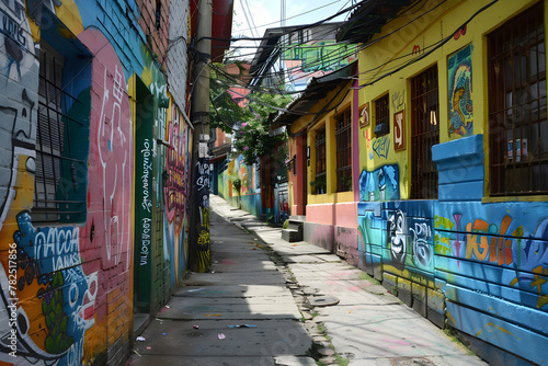 Urban alley with colorful graffiti