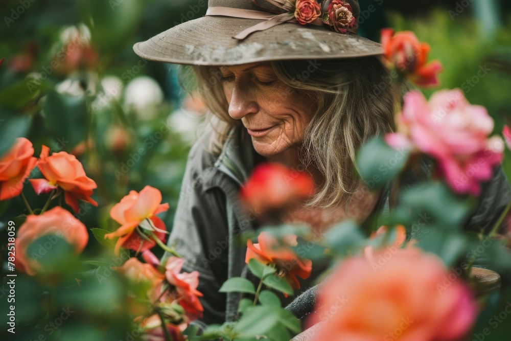 A gardener with a wide-brimmed hat cares for vibrant roses in a lush garden, exhibiting horticulture and passion for flora
