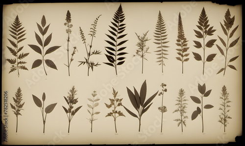 Vintage drawings of plants on old yellowed and stained paper.