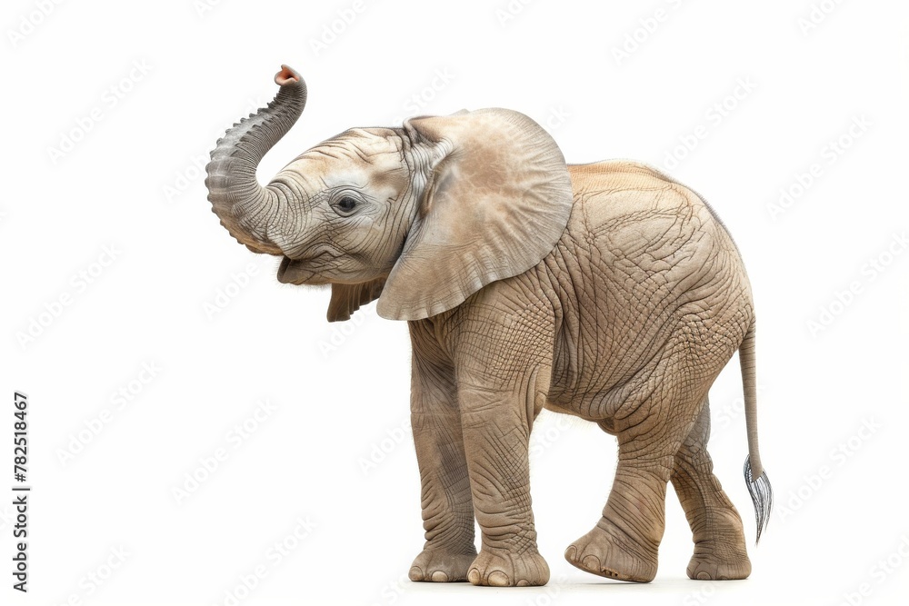 Fototapeta premium Animated young elephant in motion with its trunk pointed upwards, symbolizing curiosity or playfulness, isolated on white