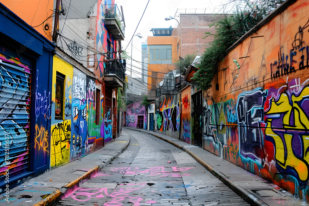 Fototapeta premium Urban alley with colorful graffiti