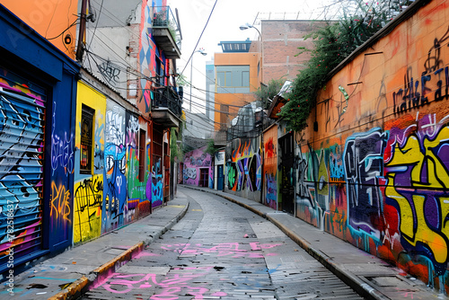 Urban alley with colorful graffiti
