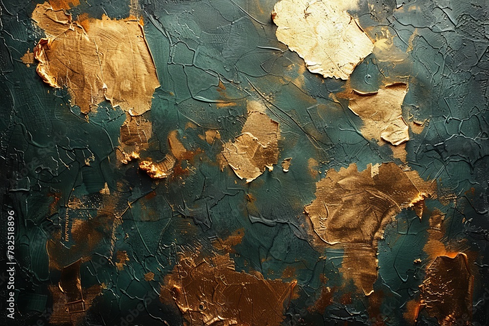 Close up of a painting with gold leaves on black background