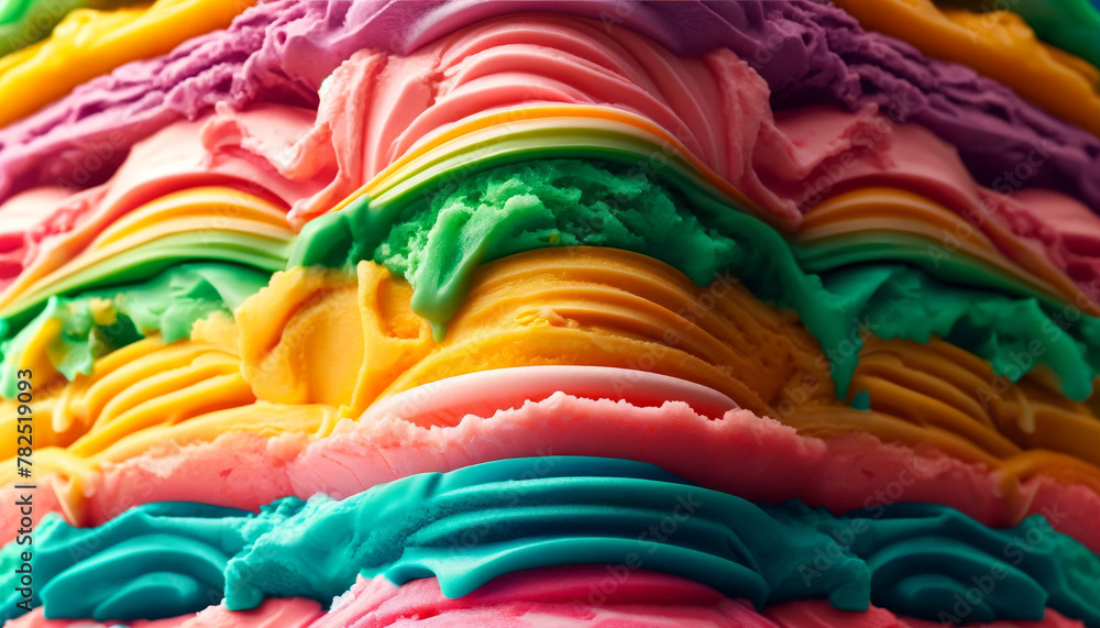 A close-up of colorful ice cream swirls with multiple flavors in a textured pattern. A close-up of colorful ice cream swirls with multiple flavors in a textured pattern.
