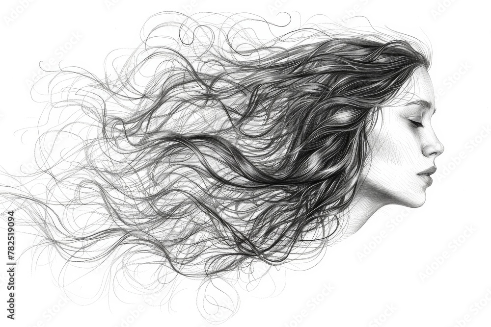 This image captures a delicate and fluid sketch of hair flowing freely against a stark white backdrop This image captures a delicate and fluid sketch of hair flowing freely against a stark white backdrop