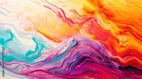 Bold strokes of vibrant hues converge fluidly, creating a captivating gradient wave that adds movement and dynamism to the scene.