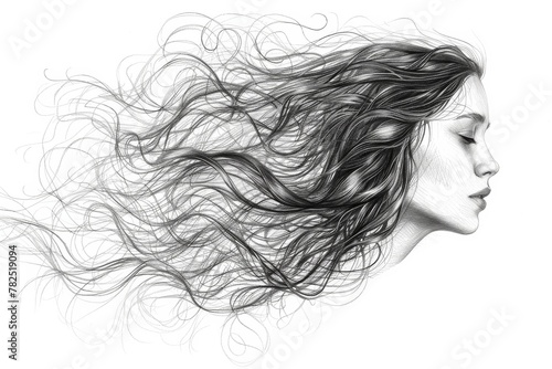 This image captures a delicate and fluid sketch of hair flowing freely against a stark white backdrop