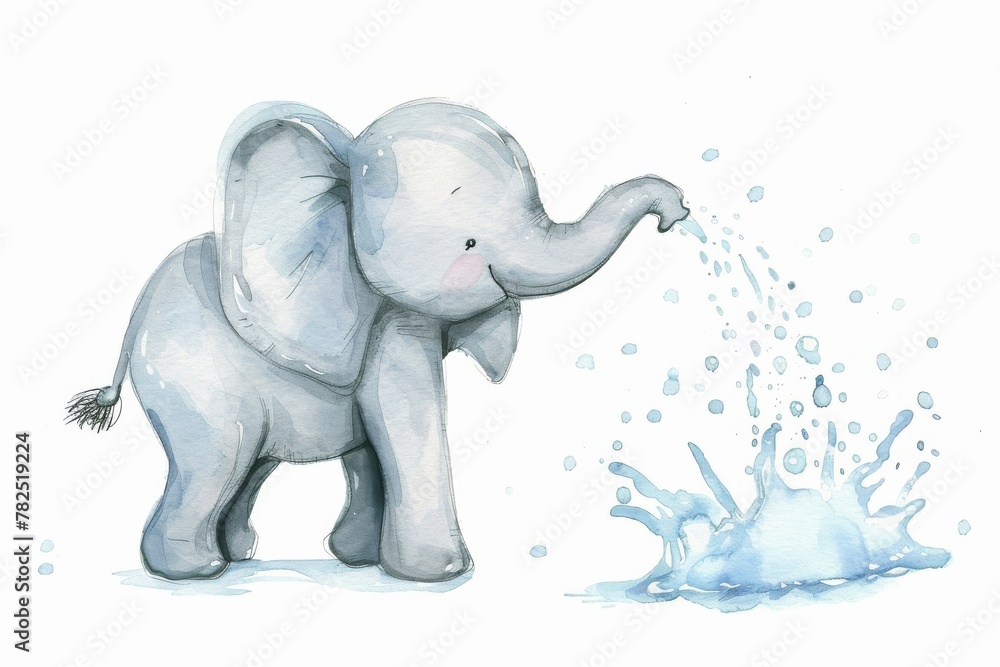 Charming watercolor of a baby elephant joyfully spraying water, capturing movement and innocence