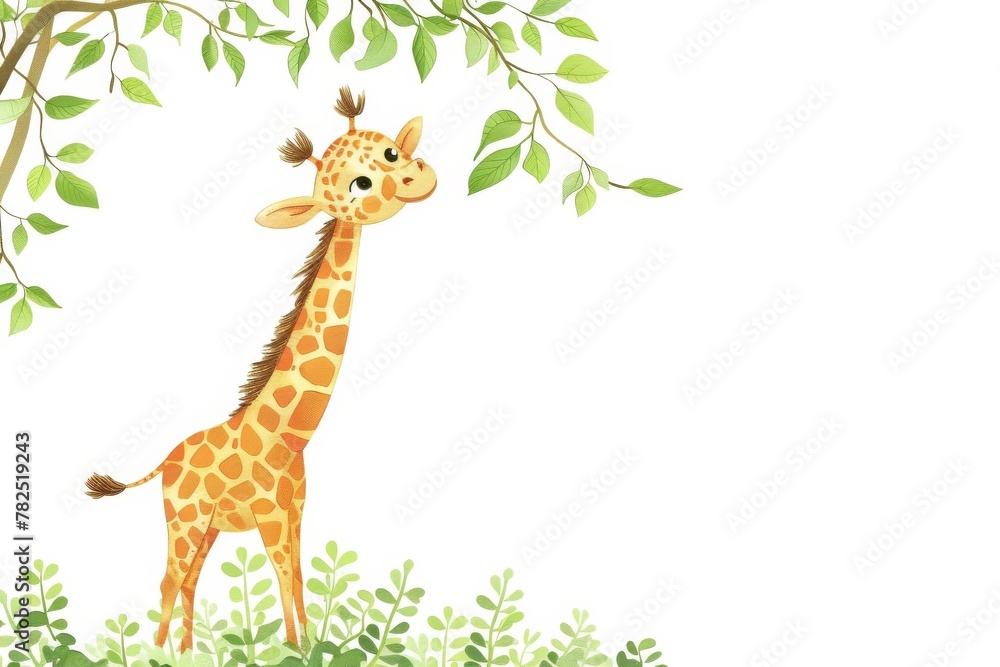 Fototapeta premium A delightful illustration of a young giraffe stretching upwards to nibble on sunlit leaves in a serene setting