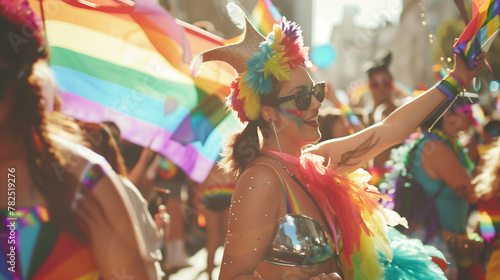 A colorful and exuberant parade showcasing LGBTQ+ individuals, allies, and supporters marching together with rainbow flags and vibrant costumes, celebrating unity and diversity © AndyGordon