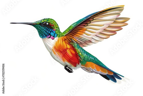This artwork captures a brightly colored hummingbird with wings extended, conveying motion and liveliness
