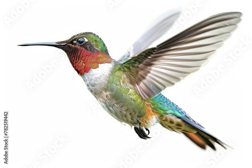 A stunning Hummingbird with iridescent plumage and wings outstretched mid-flight, isolated on white background for clear, versatile use
