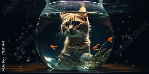 Cat with a fishbowl for head with live fish swimming inside, concept of Headwear