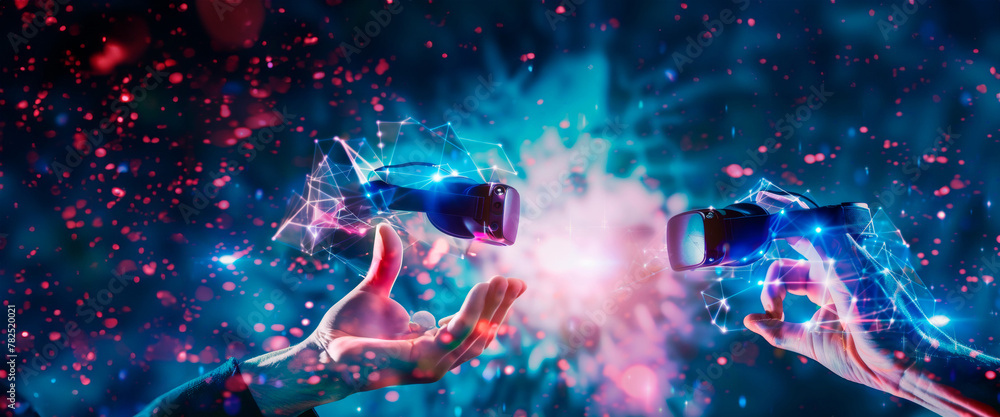 Hands manipulating virtual reality controllers with dynamic blue light connections, illustrating advanced interactive technology. Gamer is playing game. Artificial intelligence. Banner. Copy space Hands manipulating virtual reality controllers with dynamic blue light connections, illustrating advanced interactive technology. Gamer is playing game. Artificial intelligence. Banner. Copy space