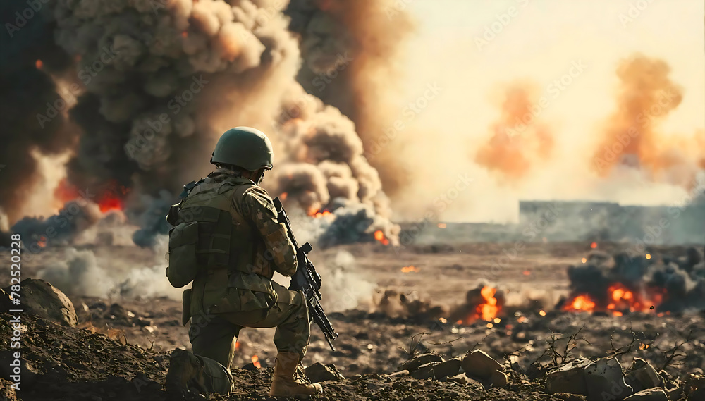 Naklejka premium Soldier army man standing through the smoke and explosions sun backlight and smoke background. modern warfare. atmosphere of artillery battle. commandos in the summer battlefield in the smoke.