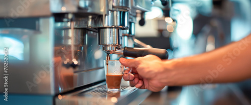 A hand expertly operates an espresso machine, capturing a shot of coffee, emphasizing the craft of barista skills in a warm, inviting cafe setting. Banner. Copy space photo