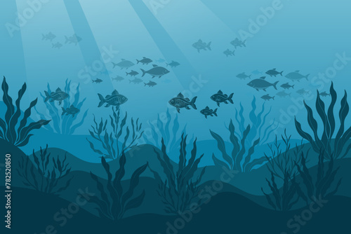 Underwater ocean landscape, algae and reefs, silhouette of a school of fish. Seabed background with ocean flora and fauna, corals, silhouettes of sea animals. Vector