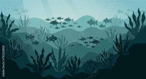 Underwater ocean landscape, algae and reefs, silhouette of a school of fish. Seabed background with ocean flora and fauna, corals, silhouettes of sea animals. Vector