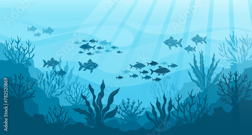 Underwater ocean landscape, algae and reefs, silhouette of a school of fish. Seabed background with ocean flora and fauna, corals, silhouettes of sea animals. Vector