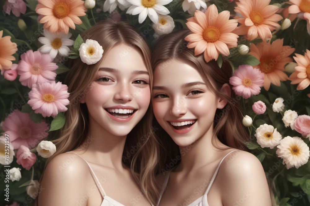Happy beautiful girls smile and lie down inside the flowers, sisterhood, 8 march womens day concept, generative ai Happy beautiful girls smile and lie down inside the flowers, sisterhood, 8 march womens day concept, generative ai