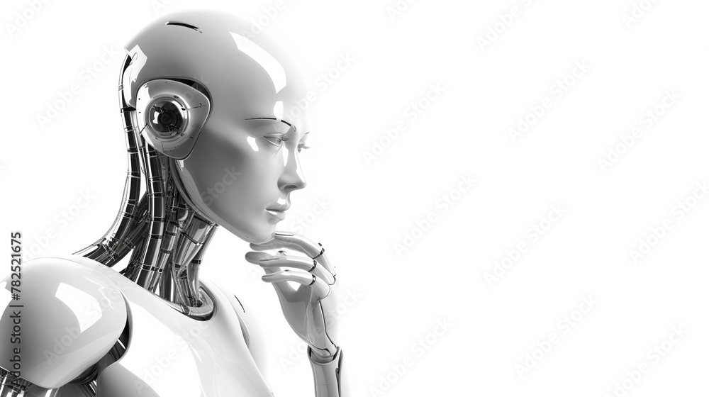 Humanoid robot thinking with copy space area isolated on white background. Humanoid robot thinking with copy space area isolated on white background.
