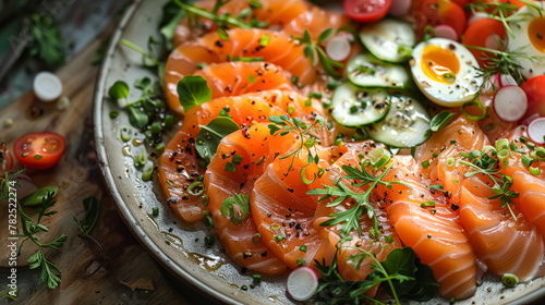 A large white plate of food with a variety of items including salmon, tomatoes, and bread. The table is set with wine glasses, cups, and bowls. Scene is inviting and celebratory