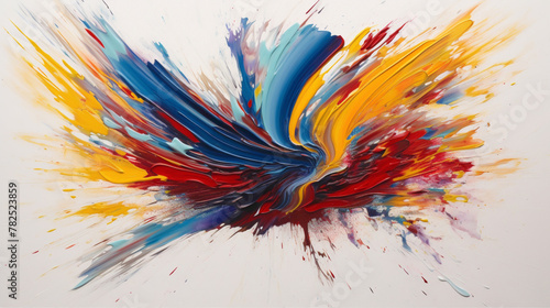 Bold strokes of vibrant red, blue, and yellow on a pure white canvas, creating a dynamic visual impact.