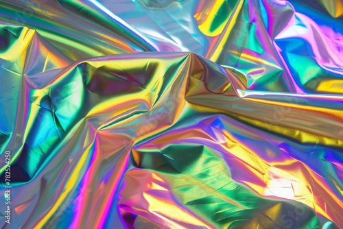 Crumpled rainbow holographic foil displaying a dynamic range of metallic colors with a shiny and reflective surface creating a modern abstract texture