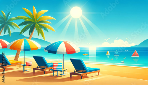 Beach scene with palm trees, umbrellas, loungers, sailboats, and the sun. © Enigma