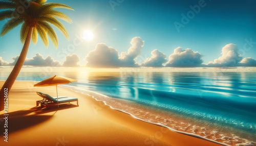 Sunset on a serene beach with a palm tree and a beach chair under an umbrella. photo