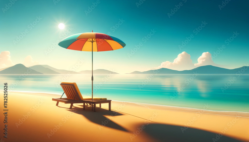 A beach chair under a multicolored umbrella on a tranquil beach at sunrise.