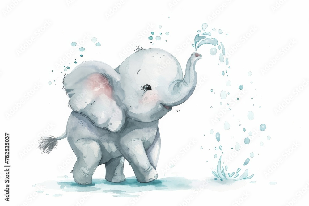 This charming watercolor depicts a baby elephant joyfully spraying water from its trunk