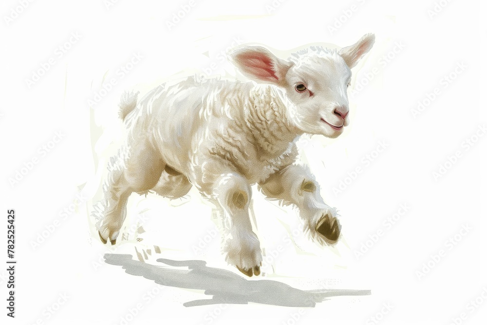 A lively illustration showcasing a young lamb mid-jump with fluffy wool and a sense of joy A lively illustration showcasing a young lamb mid-jump with fluffy wool and a sense of joy