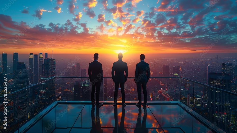 Businessmen Gazing at Sunset from a Skyscraper in a Modern City