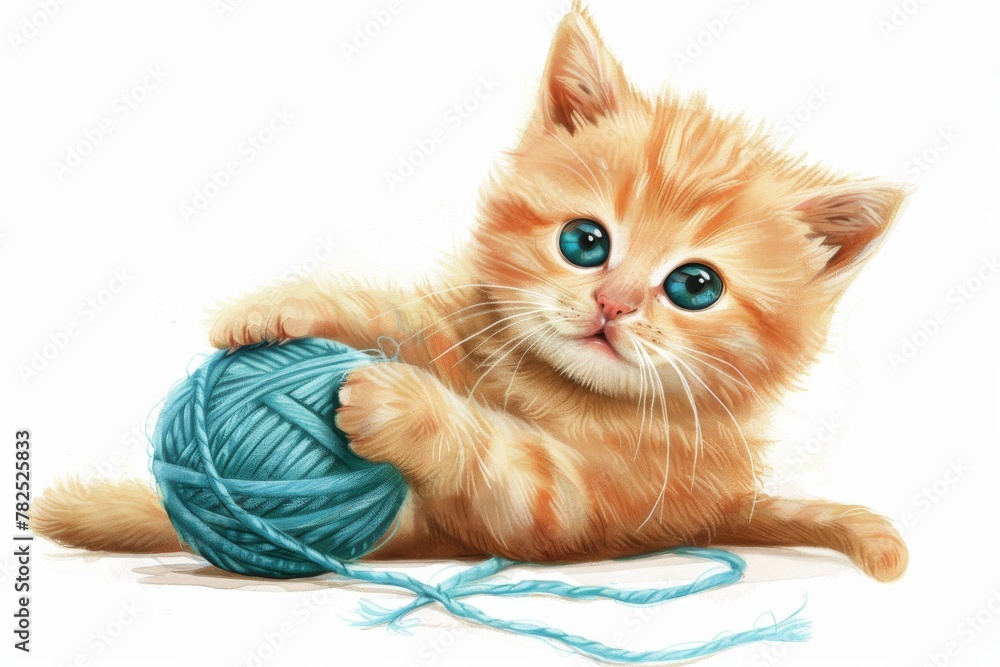 Artistic rendering of a kitten with its face obscured by a blue yarn ball, highlighting the playful nature of felines - obrazy, fototapety, plakaty 