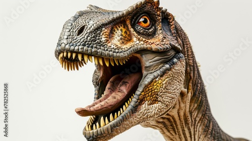 A realistic and detailed close-up of the head of a velociraptor dinosaur mid-roar, showcasing ferocity and wildness photo