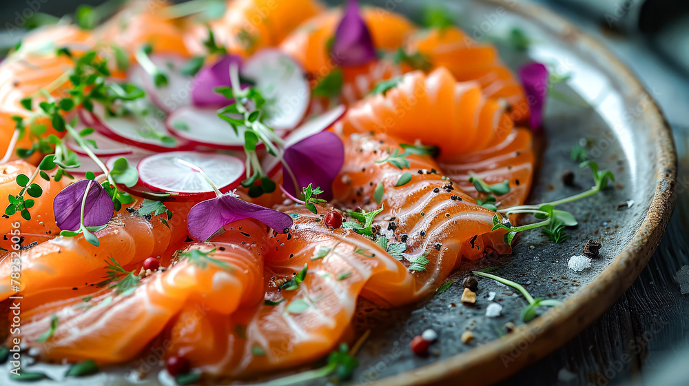 A plate of food with salmon, radishes, and onions. The plate is on a wooden table