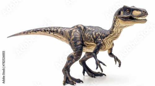 A detailed model of a Velociraptor dinosaur positioned against a stark white background  showcasing the intricate design and textures