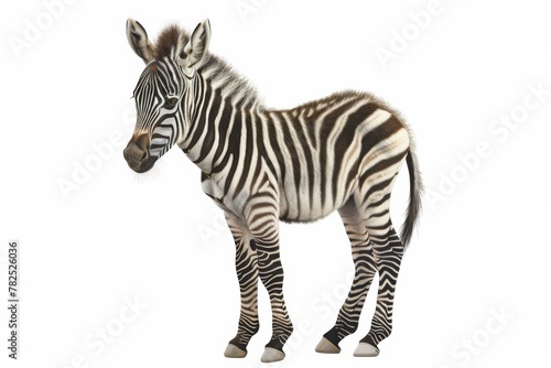 A high-resolution photograph of a young zebra standing  with exceptional detail and accuracy to the animal s features