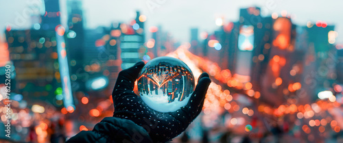 Gloved hand holds a glass sphere in an urban night setting, inverting cityscape with bokeh lights creating an intriguing perspective on urban exploration of a world within a world. Banner. Copy space
