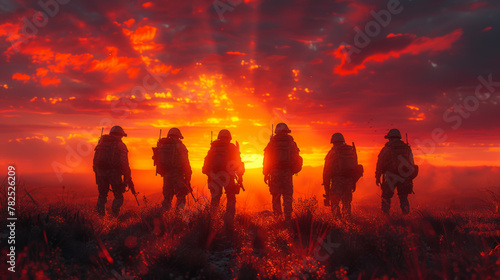 Six military silhouettes on sunset sky background.