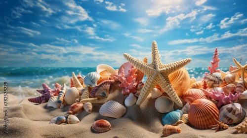 A beautiful day at the beach with shells and starfish in the foreground and the ocean in the background. © Sra