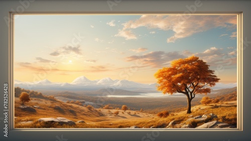 A beautiful landscape painting of a lonely tree in the middle of a field  with mountains in the distance. The sky is a clear blue with white clouds and the sun is setting.